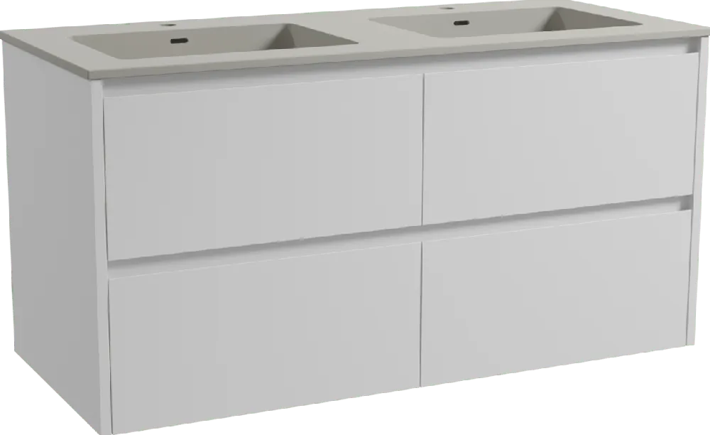 Storke Seda meuble salle de bains suspendu 120 x 52 cm blanc mat avec Diva double vasque en top solid soie grise