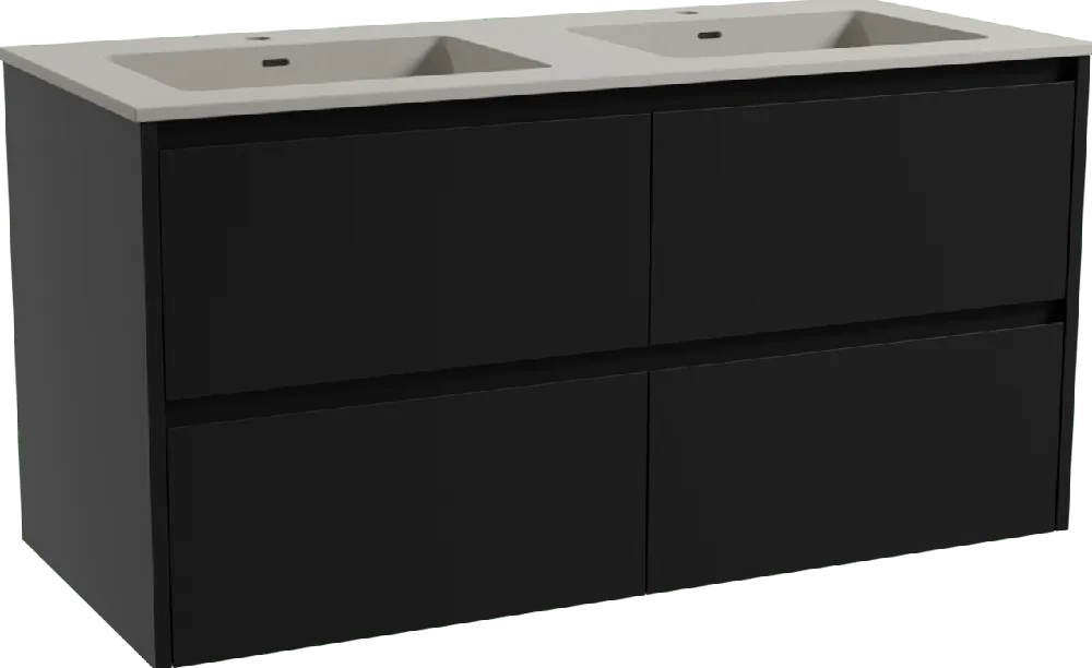 Storke Seda meuble salle de bains suspendu 120 x 52 cm noir mat avec Diva double vasque en top solid soie grise