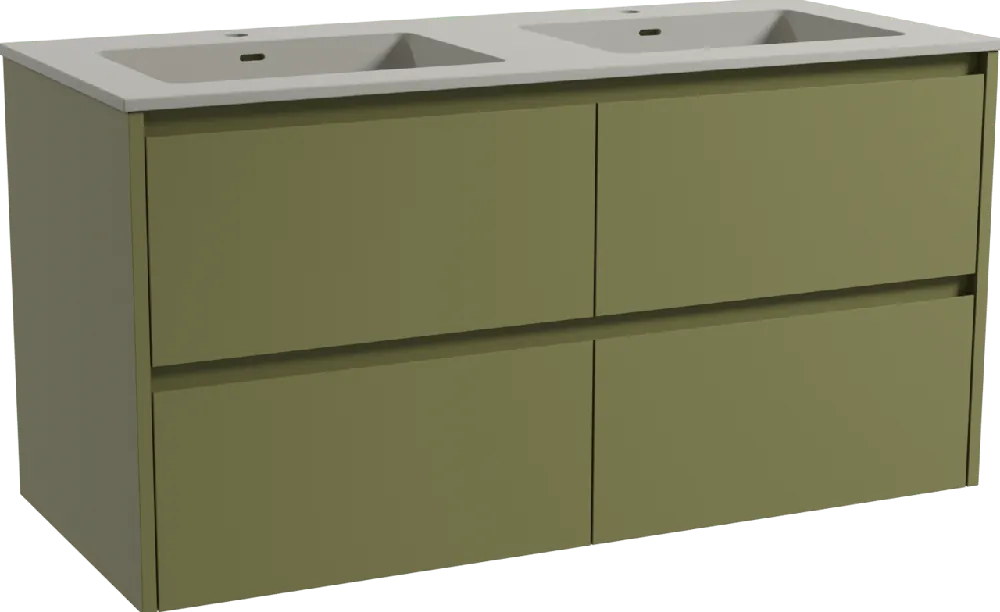 Storke Seda meuble salle de bains suspendu 120 x 52 cm vert olive avec Diva double vasque en top solid soie grise