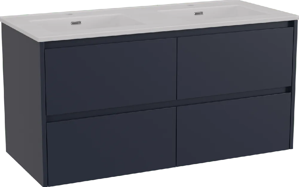 Storke Seda meuble salle de bains suspendu 120 x 52 cm bleu nuit avec Kera double vasque en céramique blanc mat