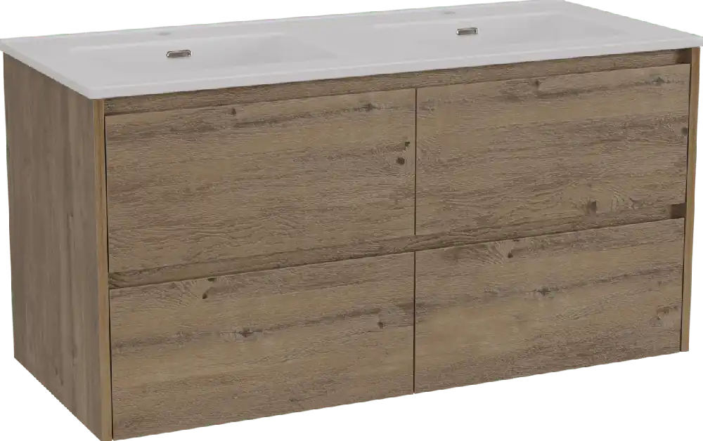 Storke Seda meuble salle de bains suspendu 120 x 52 cm chêne brut avec Kera double vasque en céramique blanc mat