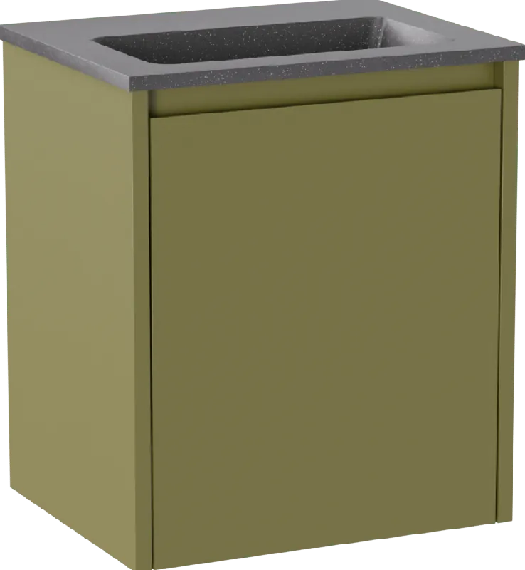 Storke Seda meuble salle de bains suspendu 45 x 35 cm vert olive avec Scuro plan simple en Quartz noir mat