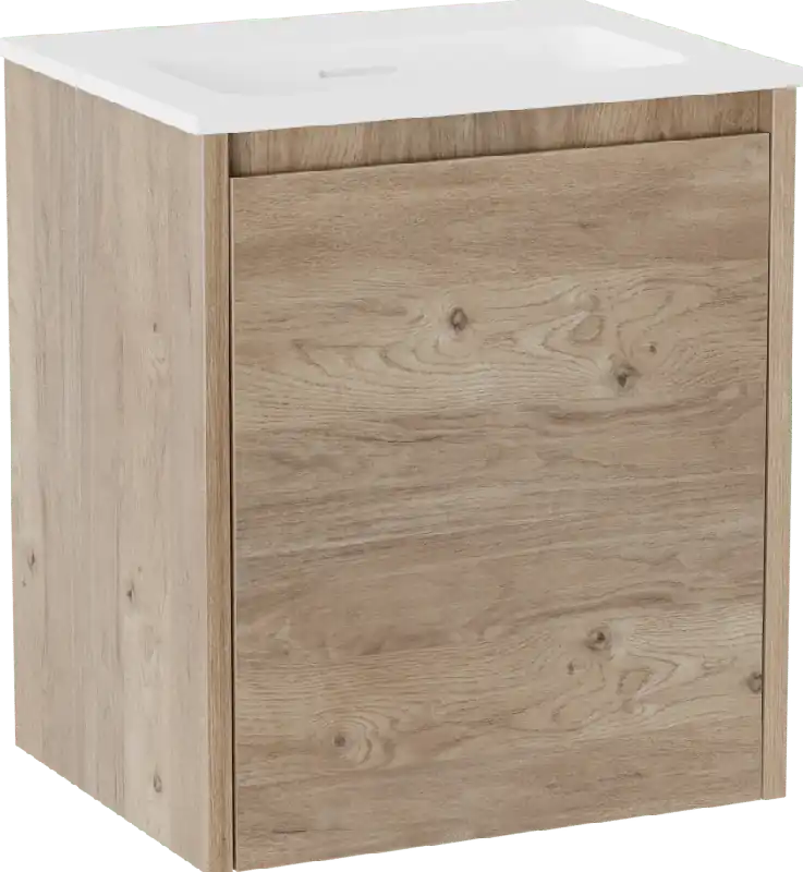 Storke Seda meuble salle de bains suspendu 45 x 35 cm chêne brut avec Mata plan simple en Solid Surface blanc mat