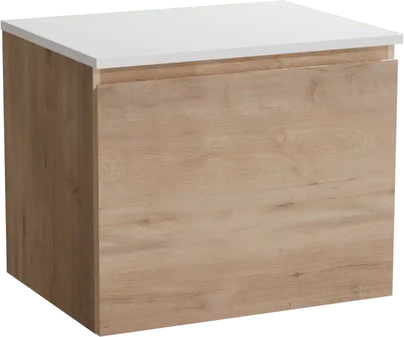 Linie Lado meuble salle de bains suspendu 60 x 46 cm chêne naturel avec Lado tablette simple en marbre composite blanc mat