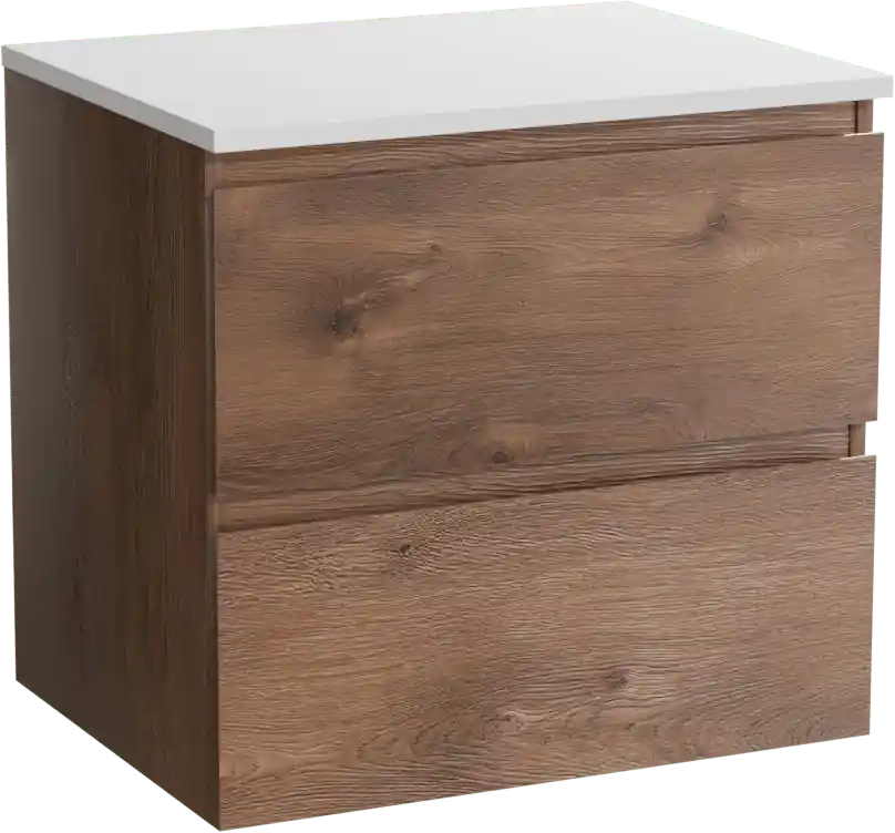 Linie Lado meuble salle de bains suspendu 60 x 46 cm chêne brun avec Lado tablette simple en marbre composite blanc mat