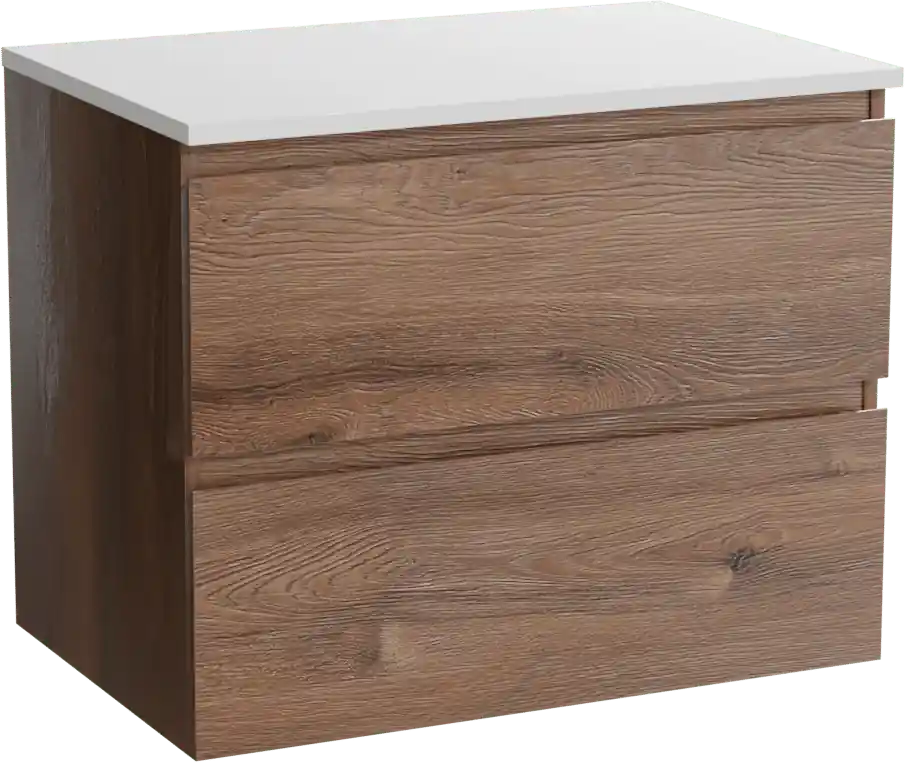 Linie Lado meuble salle de bains suspendu 70 x 46 cm chêne brun avec Lado tablette simple en marbre composite blanc mat