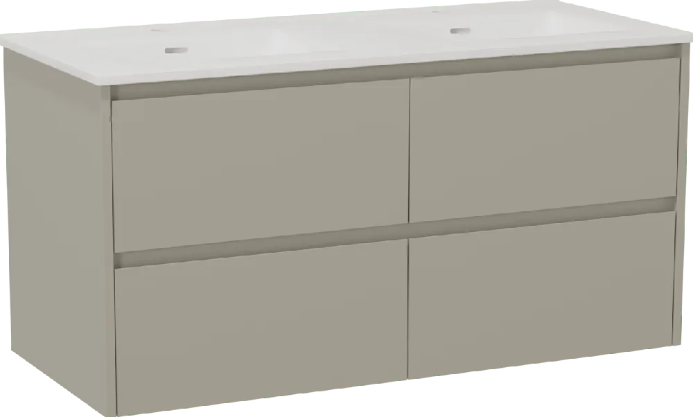 Storke Seda meuble salle de bains suspendu 120 x 52 cm soie grise avec Kera double vasque en céramique blanc brillant, bondes incluses