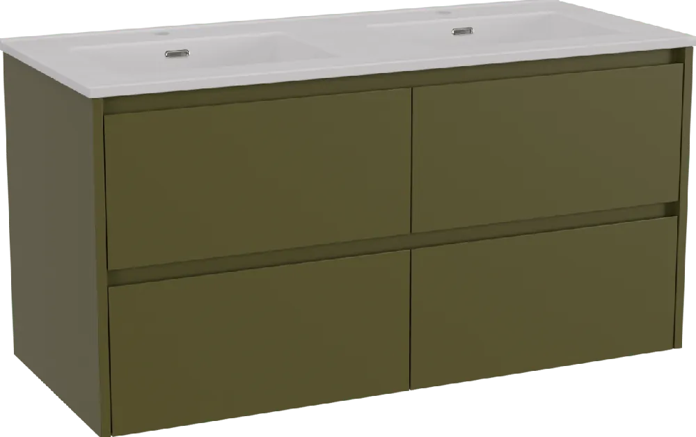 Storke Seda meuble salle de bains suspendu 120 x 52 cm vert olive avec Kera double vasque en céramique blanc brillant, bondes incluses