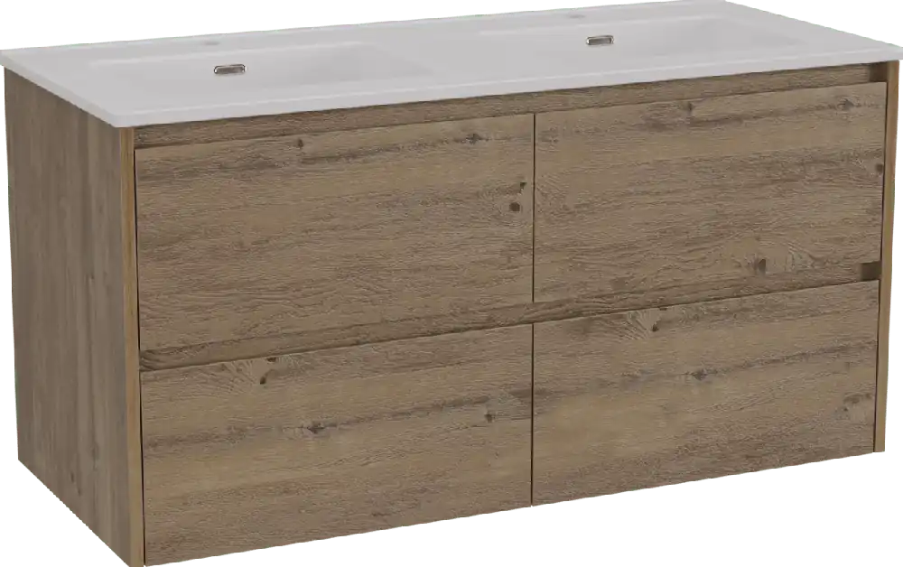 Storke Seda meuble salle de bains suspendu 120 x 52 cm chêne brut avec Kera double vasque en céramique blanc brillant, bondes incluses