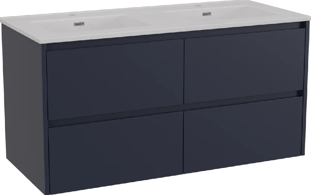 Storke Seda meuble salle de bains suspendu 120 x 52 cm bleu nuit avec Kera double vasque en céramique blanc brillant, bondes incluses