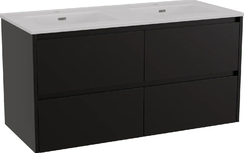 Storke Seda meuble salle de bains suspendu 120 x 52 cm noir mat avec Kera double vasque en céramique blanc brillant, bondes incluses
