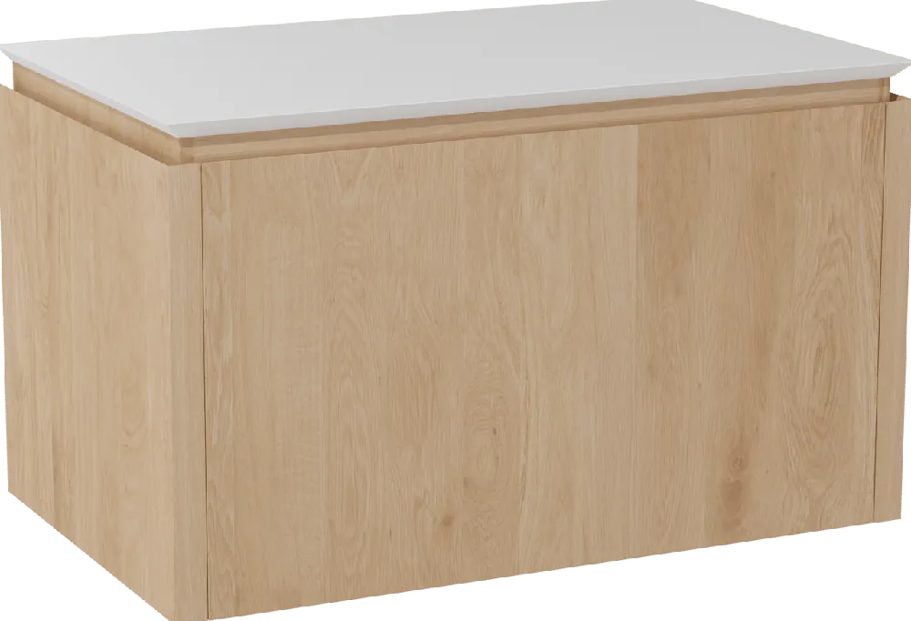 Balmani Eclips meuble salle de bains suspendu 90 x 55 cm Chêne naturelle avec Eclips tablette simple en Solid Surface blanc mat