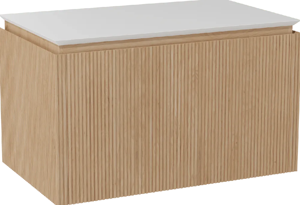 Balmani Eclips meuble salle de bains suspendu 90 x 55 cm Chêne naturelle avec Eclips tablette simple en Solid Surface blanc mat, Nervure droite symétrique verticale