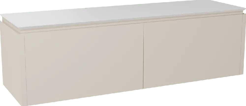 Balmani Eclips meuble salle de bains suspendu 180 x 55 cm Sandbeige avec Eclips tablette simple ou double vasque en Solid Surface blanc mat