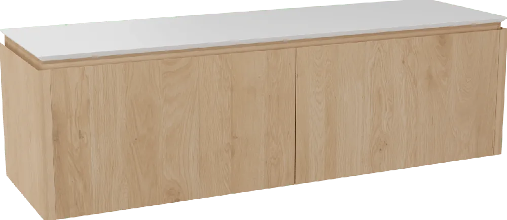 Balmani Eclips meuble salle de bains suspendu 180 x 55 cm Chêne naturelle avec Eclips tablette simple ou double vasque en Solid Surface blanc mat