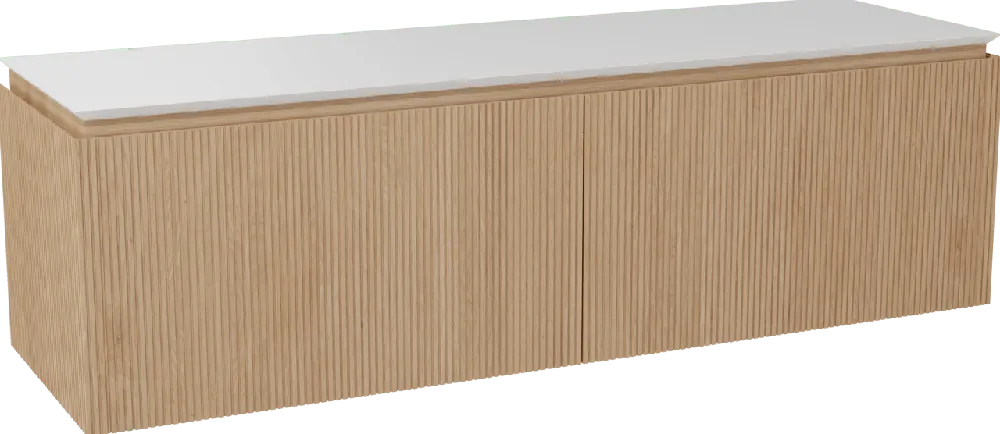 Balmani Eclips meuble salle de bains suspendu 180 x 55 cm Chêne naturelle avec Eclips tablette simple ou double vasque en Solid Surface blanc mat, Nervure droite symétrique verticale