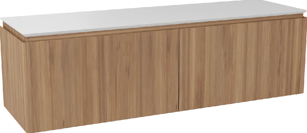 Balmani Eclips meuble salle de bains suspendu 180 x 55 cm Teck avec Eclips tablette simple ou double vasque en Solid Surface blanc mat