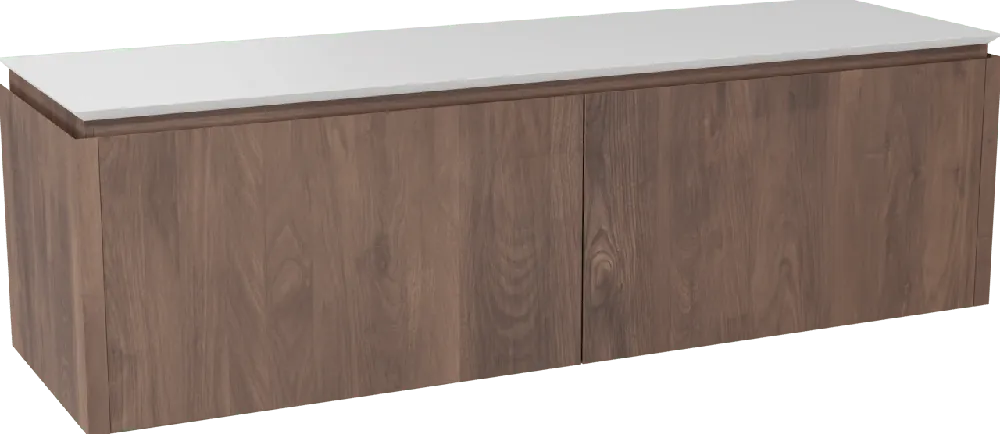 Balmani Eclips meuble salle de bains suspendu 180 x 55 cm Noyer américain avec Eclips tablette simple ou double vasque en Solid Surface blanc mat