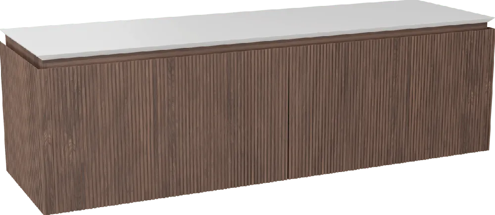 Balmani Eclips meuble salle de bains suspendu 180 x 55 cm Noyer américain avec Eclips tablette simple ou double vasque en Solid Surface blanc mat, Nervure droite symétrique verticale