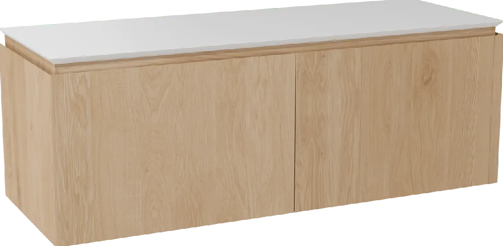 Balmani Eclips meuble salle de bains suspendu 150 x 55 cm Chêne naturelle avec Eclips tablette simple ou double vasque en Solid Surface blanc mat