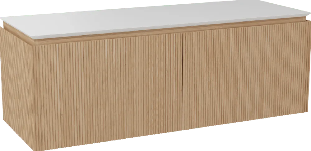 Balmani Eclips meuble salle de bains suspendu 150 x 55 cm Chêne naturelle avec Eclips tablette simple ou double vasque en Solid Surface blanc mat, Nervure droite symétrique verticale