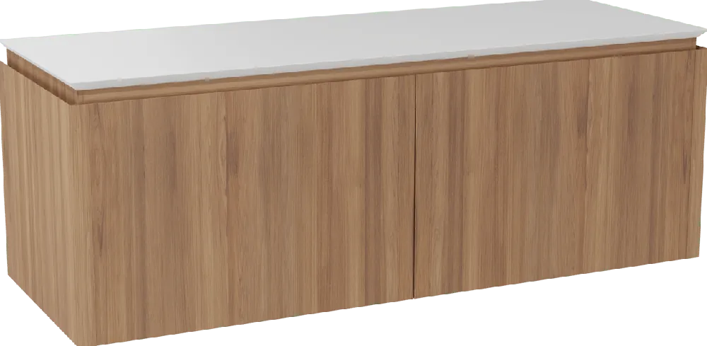 Balmani Eclips meuble salle de bains suspendu 150 x 55 cm Teck avec Eclips tablette simple ou double vasque en Solid Surface blanc mat