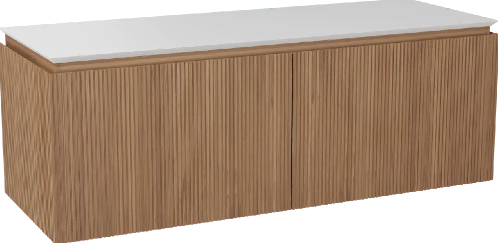 Balmani Eclips meuble salle de bains suspendu 150 x 55 cm Teck avec Eclips tablette simple ou double vasque en Solid Surface blanc mat, Nervure droite symétrique verticale