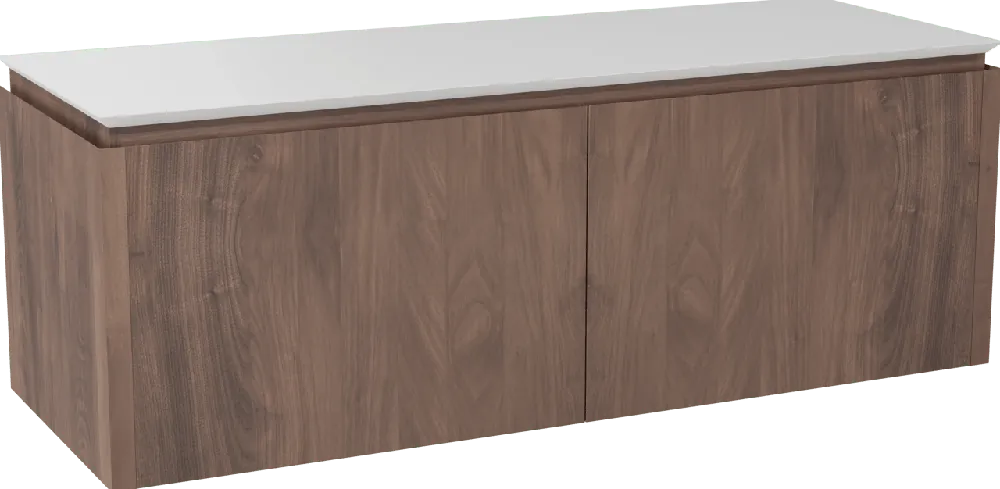 Balmani Eclips meuble salle de bains suspendu 150 x 55 cm Noyer américain avec Eclips tablette simple ou double vasque en Solid Surface blanc mat
