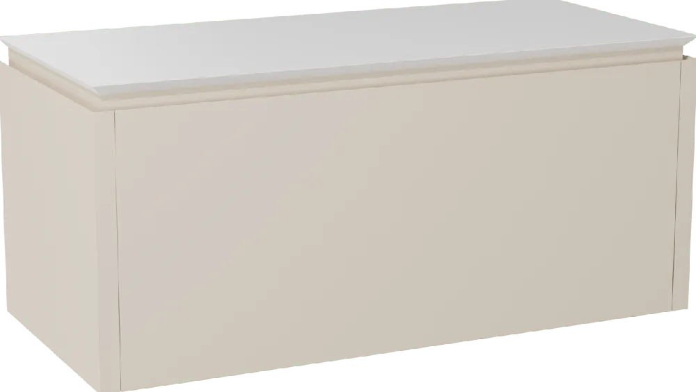 Balmani Eclips meuble salle de bains suspendu 120 x 55 cm Sandbeige avec Eclips tablette simple ou double vasque en Solid Surface blanc mat