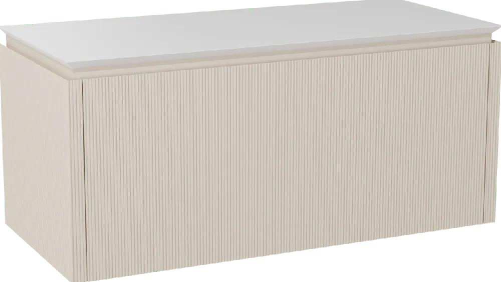 Balmani Eclips meuble salle de bains suspendu 120 x 55 cm Sandbeige avec Eclips tablette simple ou double vasque en Solid Surface blanc mat, Nervure droite symétrique verticale