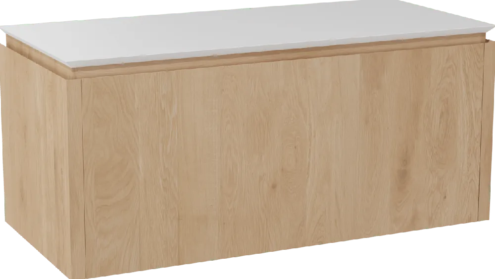 Balmani Eclips meuble salle de bains suspendu 120 x 55 cm Chêne naturelle avec Eclips tablette simple ou double vasque en Solid Surface blanc mat