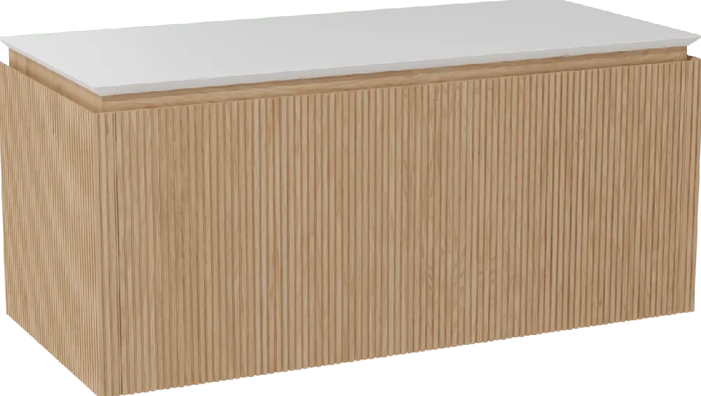 Balmani Eclips meuble salle de bains suspendu 120 x 55 cm Chêne naturelle avec Eclips tablette simple ou double vasque en Solid Surface blanc mat, Nervure droite symétrique verticale