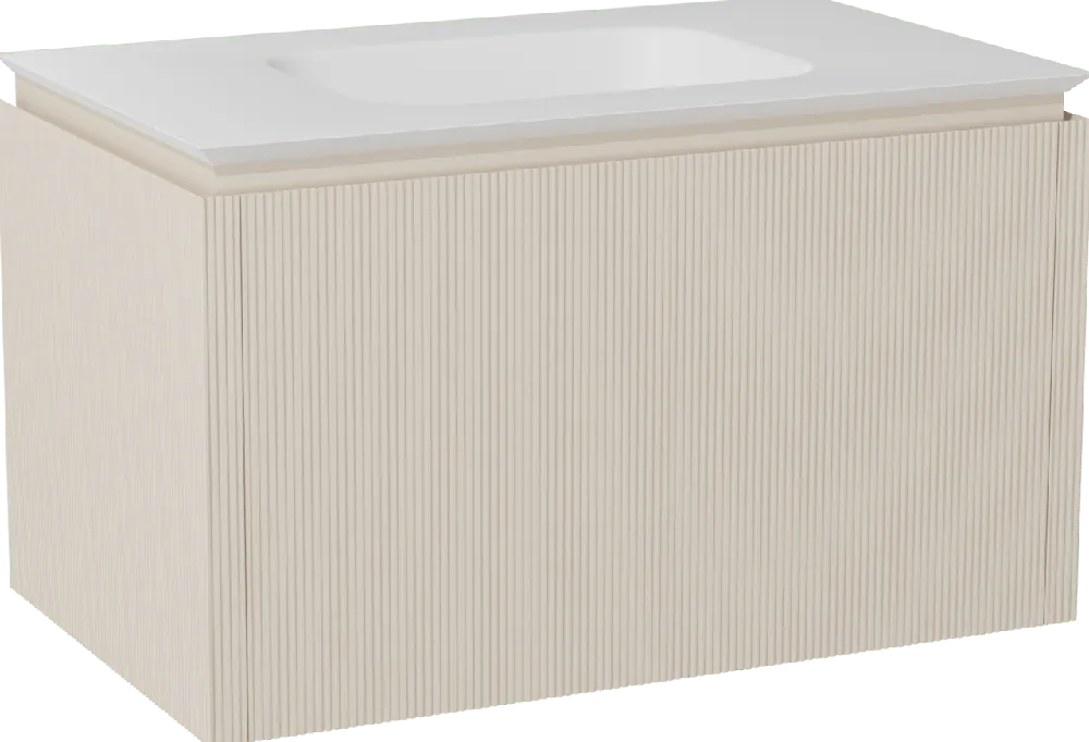 Balmani Eclips meuble salle de bains suspendu 90 x 55 cm Sandbeige avec Eclips plan simple en Solid Surface blanc mat, Nervure droite symétrique verticale