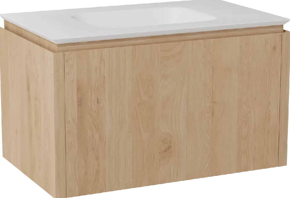 Balmani Eclips meuble salle de bains suspendu 90 x 55 cm Chêne naturelle avec Eclips plan simple en Solid Surface blanc mat