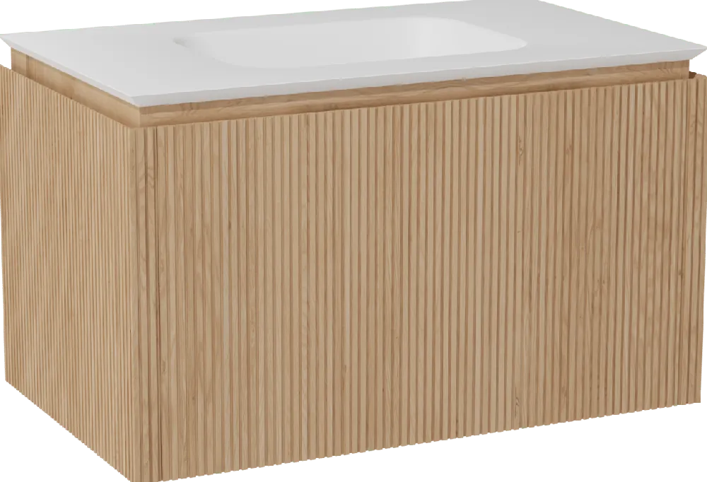 Balmani Eclips meuble salle de bains suspendu 90 x 55 cm Chêne naturelle avec Eclips plan simple en Solid Surface blanc mat, Nervure droite symétrique verticale