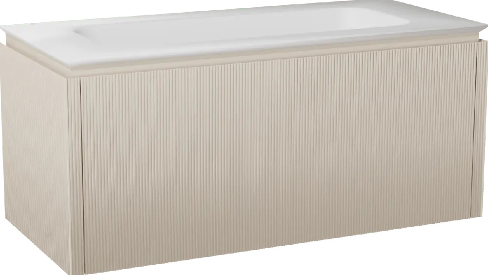 Balmani Eclips meuble salle de bains suspendu 120 x 55 cm Sandbeige avec Eclips plan simple en Solid Surface blanc mat, Nervure droite symétrique verticale