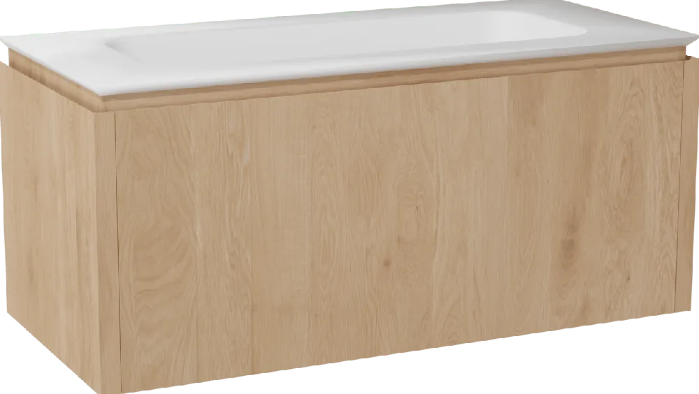 Balmani Eclips meuble salle de bains suspendu 120 x 55 cm Chêne naturelle avec Eclips plan simple en Solid Surface blanc mat