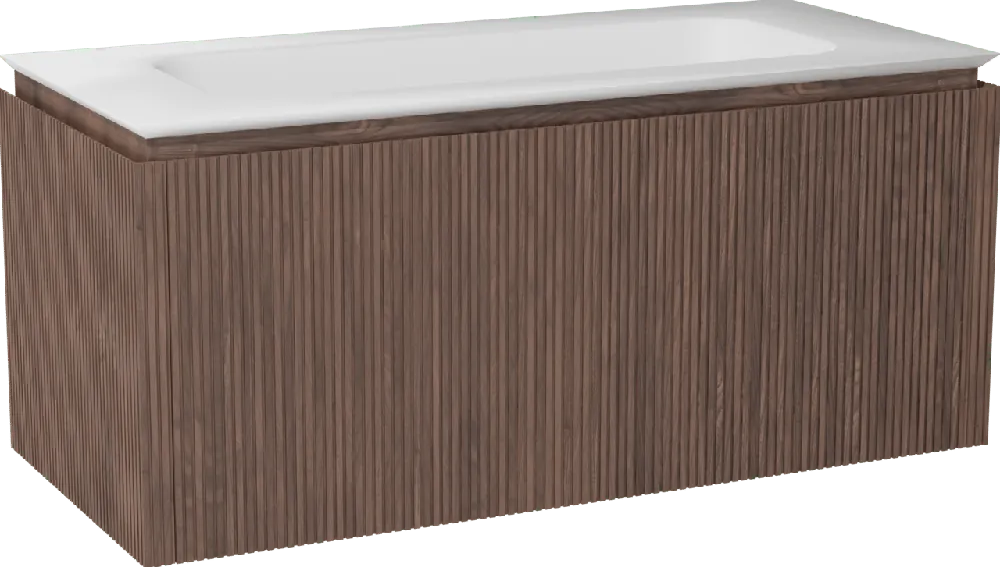 Balmani Eclips meuble salle de bains suspendu 120 x 55 cm Noyer américain avec Eclips plan simple en Solid Surface blanc mat, Nervure droite symétrique verticale