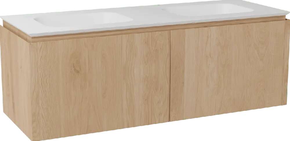 Balmani Eclips meuble salle de bains suspendu 150 x 55 cm Chêne naturelle avec Eclips double vasque en Solid Surface blanc mat