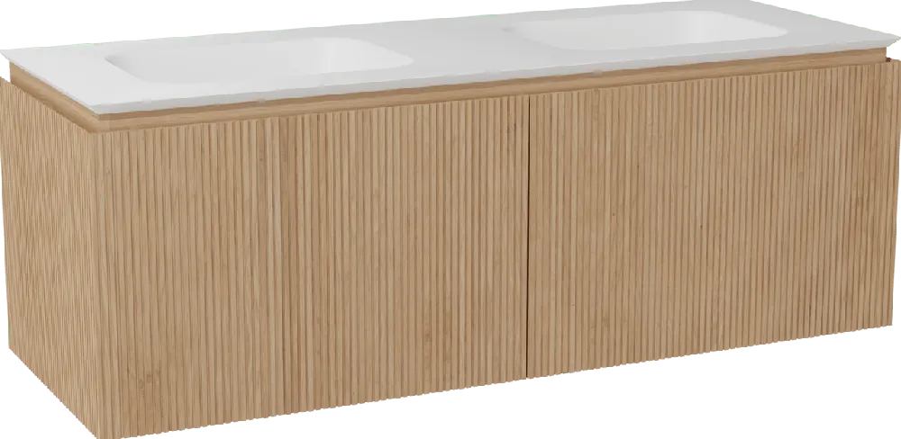 Balmani Eclips meuble salle de bains suspendu 150 x 55 cm Chêne naturelle avec Eclips double vasque en Solid Surface blanc mat, Nervure droite symétrique verticale