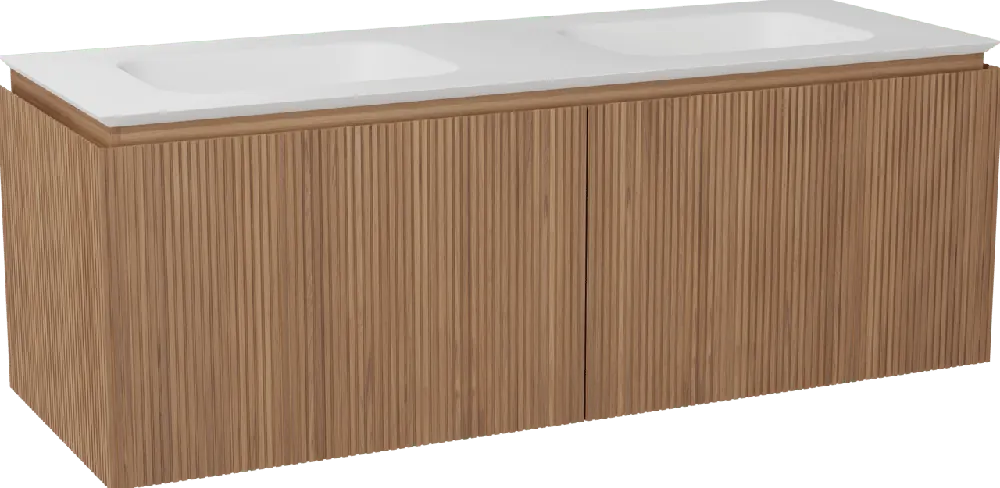 Balmani Eclips meuble salle de bains suspendu 150 x 55 cm Teck avec Eclips double vasque vasque en Solid Surface blanc mat, Nervure droite symétrique verticale
