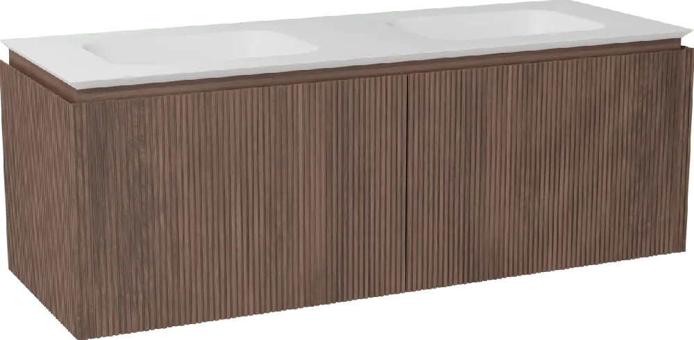 Balmani Eclips meuble salle de bains suspendu 150 x 55 cm Noyer américain avec Eclips double vasque en Solid Surface blanc mat, Nervure droite symétrique verticale