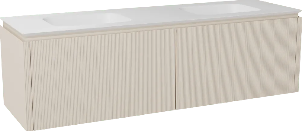 Balmani Eclips meuble salle de bains suspendu 180 x 55 cm Sandbeige avec Eclips double vasque en Solid Surface blanc mat, Nervure droite symétrique verticale