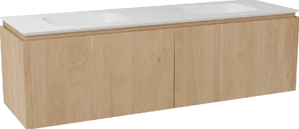Balmani Eclips meuble salle de bains suspendu 180 x 55 cm Chêne naturelle avec Eclips double vasque vasque en Solid Surface blanc mat