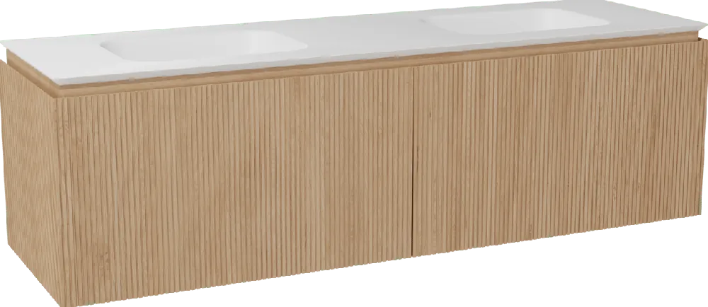 Balmani Eclips meuble salle de bains suspendu 180 x 55 cm Chêne naturelle avec Eclips double vasque en Solid Surface blanc mat, Nervure droite symétrique verticale