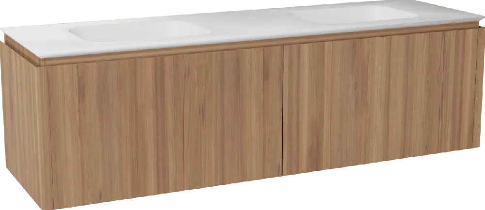 Balmani Eclips meuble salle de bains suspendu 180 x 55 cm Teck avec Eclips double vasque en Solid Surface blanc mat