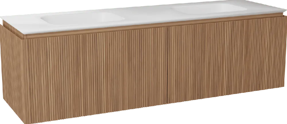 Balmani Eclips meuble salle de bains suspendu 180 x 55 cm Teck avec Eclips double vasque en Solid Surface blanc mat, Nervure droite symétrique verticale