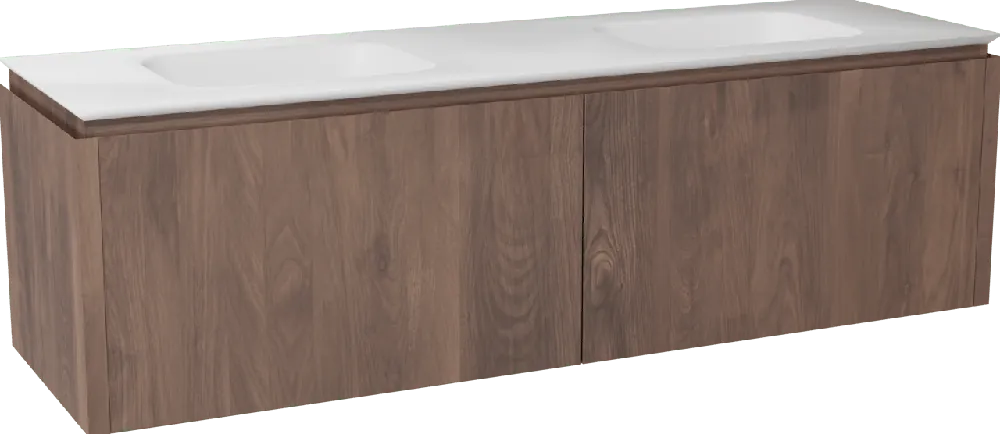 Balmani Eclips meuble salle de bains suspendu 180 x 55 cm Noyer américain avec Eclips double vasque vasque en Solid Surface blanc mat