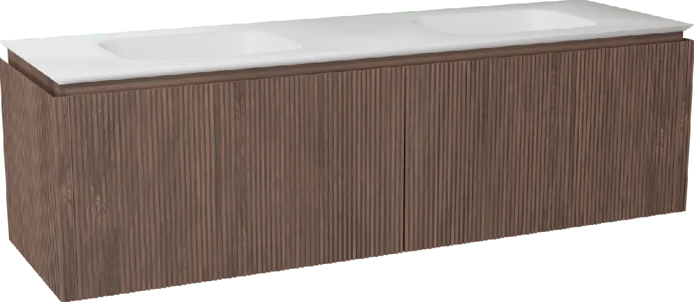 Balmani Eclips meuble salle de bains suspendu 180 x 55 cm Noyer américain avec Eclips double vasque en Solid Surface blanc mat, Nervure droite symétrique verticale