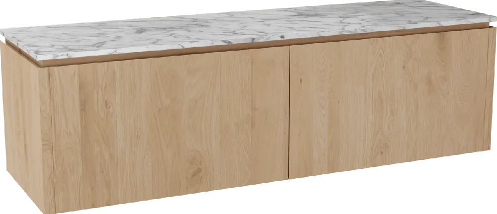 Balmani Eclips meuble salle de bains suspendu 180 x 55 cm Chêne naturelle avec Stretto tablette simple ou double vasque en Marbre Carrare